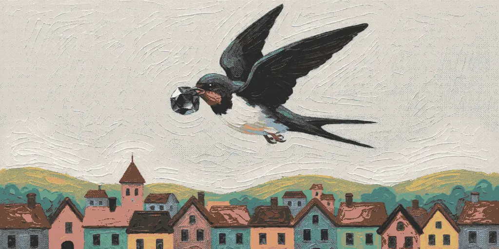 The Happy Prince swallow flying with a sapphire